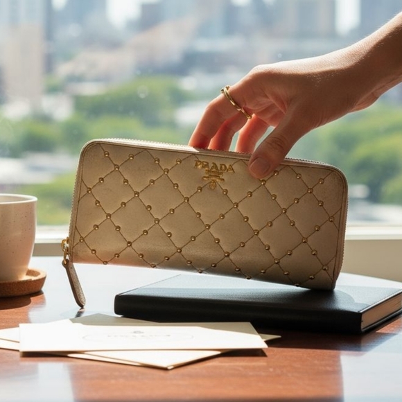 Prada Handbags - Vintage Prada Saffiano Zip Around Women's Wallet In Beige With Studs